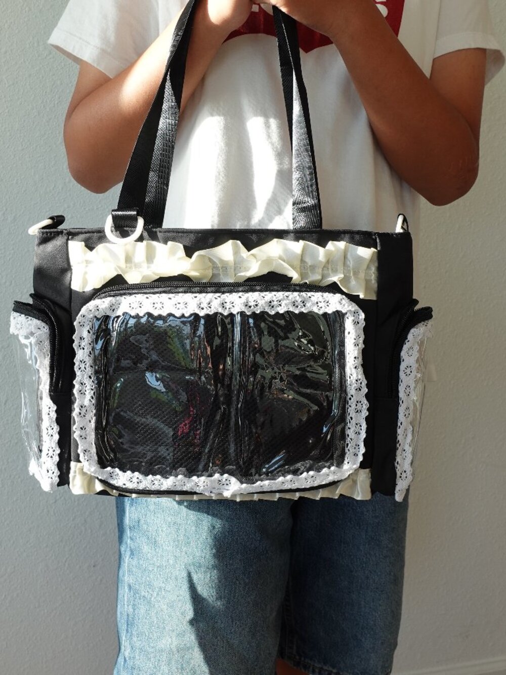 BLACK Lace Ita Bag Crossbody, Kawaii Pearl Bow Shoulder Bag Y2K Messenger Itabag